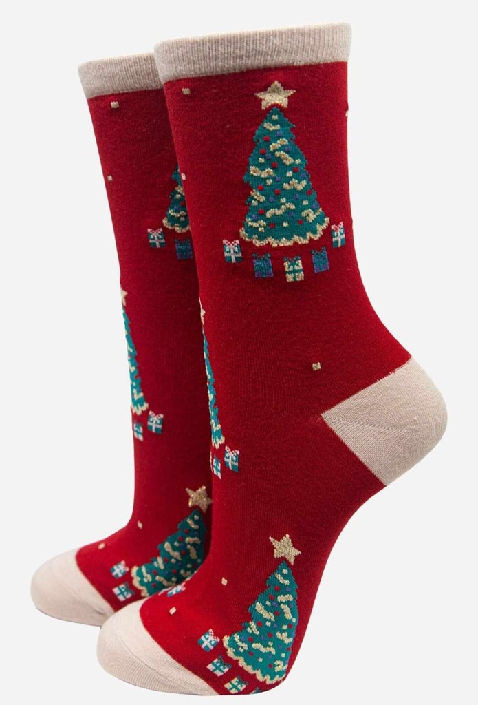 Chaussettes en bambou rouges à imprimé sapin de Noël pour femmes