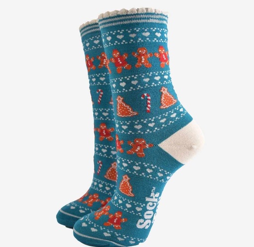 Chaussettes en bambou pour femmes - Bleu sarcelle/crème, motif jacquard en pain d'épices